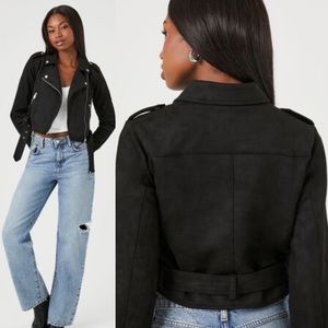F21 Black Faux Suede Cropped Moto Jacket